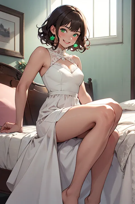 best quality, girl, short brown curly hair, green eyes, princess dress, white dress, smiling, sitting on her bed.