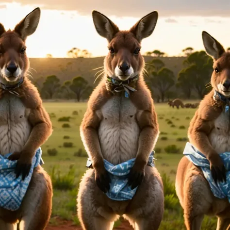 three kangaroos standing in a field with a blue bandanna around their necks, kangaroos, subject: kangaroo, subject : kangaroo, in australia, australian, kangaroo, australia, spy kangaroo, trending ，, aussie, portrait shot, pete davidson walking a kangaroo,...