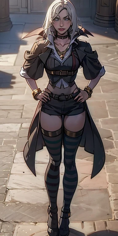 (Forrest from Fire Emblem Fates) 1 solo female full body standing straight symmetrical, looking at viewer, hands on hips, striped tights, golden bracelets, black choker with a golden heart pendant, hands on hips, confident smile, blushed cheeks