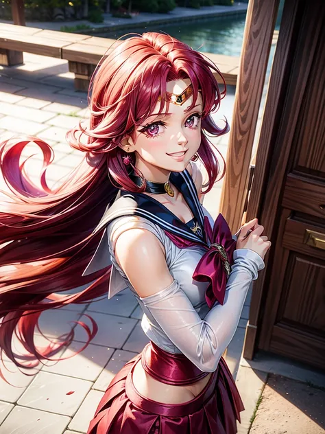 Magenta red hair, brown eyes, older woman, long think hair, pretty hair ornaments, smile face, happy, sailor moon