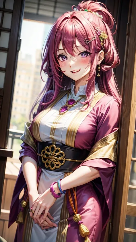 Magenta hair, brown eyes, older woman, long think hair, pretty hair ornaments, smile face, happy, mitsuri , sexy