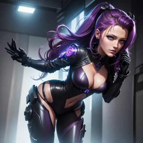 "Create an image of Dark Nexus Valentina (with model reference of blake lively actress) from Mobile Legends: Bang Bang. She should be portrayed in her futuristic attire featuring shades of deep purple and black with intricate, cyberpunk patterns. Her eyes ...