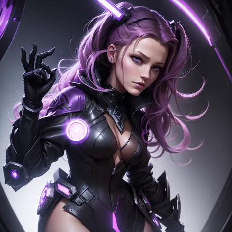 "Create an image of Dark Nexus Valentina (with model reference of blake lively actress) from Mobile Legends: Bang Bang. She should be portrayed in her futuristic attire featuring shades of deep purple and black with intricate, cyberpunk patterns. Her eyes ...