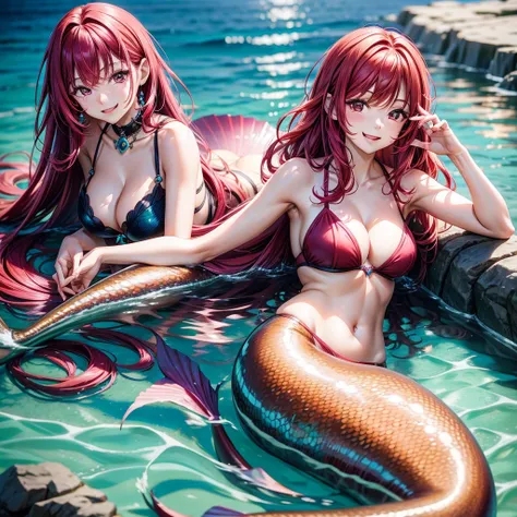 Magenta red hair, brown eyes, older woman, long think hair, pretty hair ornaments, smile face, happy, mermaid