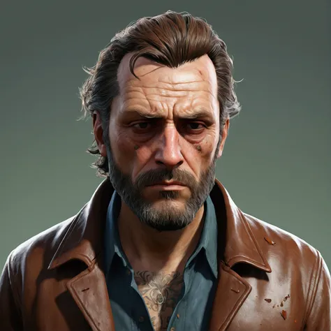 man, pobres, mendingo, chestnut hair, 30years, Grieving, full character, Barba, illustration, Surrealism, GTAV, torn outfit, grimy, unmotivated, junk