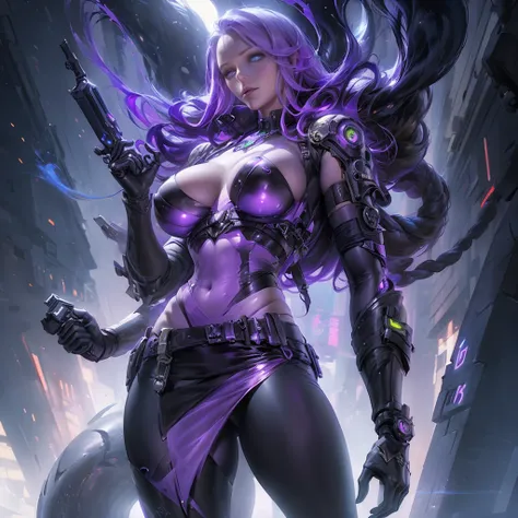 "Create an image of Dark Nexus Valentina (with model reference of blake lively actress) from Mobile Legends: Bang Bang. She should be portrayed in her futuristic attire featuring shades of deep purple and black with intricate, cyberpunk patterns. Her eyes ...