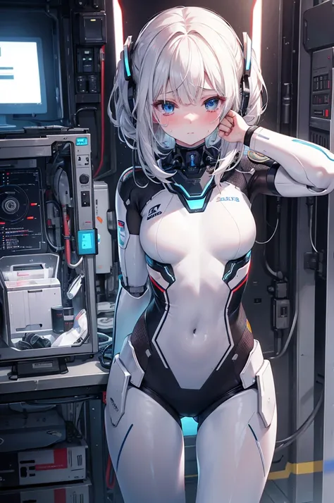 white skin, sad tears, sweat, device room, android robot, operator uniform, cockpit, perfect anatomy, cg,  girl, solo, teenage