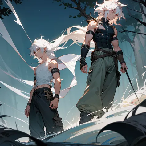 1male, muscular, young teen, finely detailed rose eyes, wild long hair, messy hair, seashell white color hair, adventurer gear, sleeveless shirt, baggy combat pants, night time, dark forest, somber expression, angry, flowers, standing on path, lanturns, bl...