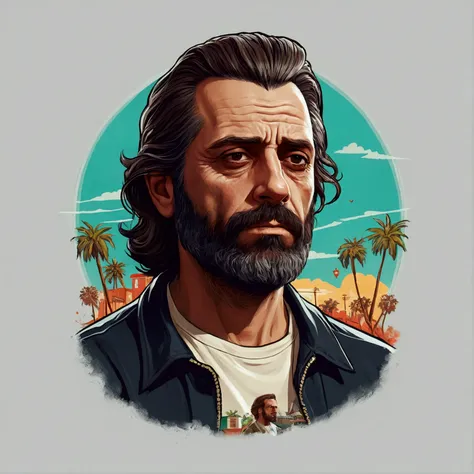 man, rico, cabelo castanho, 30years, Grieving, full character, Barba, illustration, Surrealism, GTAV, milionario, feliz, camiseta preta