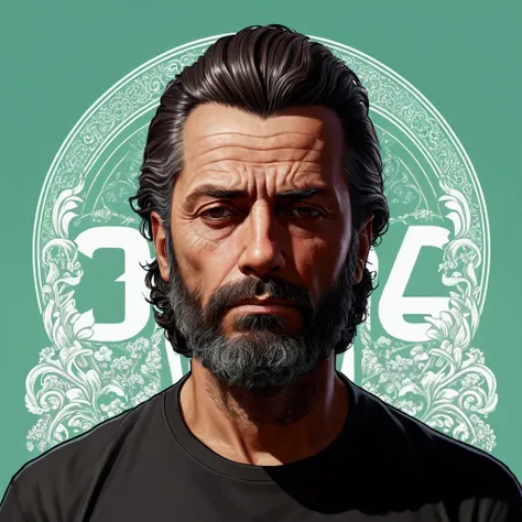 man, rico, cabelo castanho, 30years, Grieving, full character, Barba, illustration, Surrealism, GTAV, milionario, feliz, camiseta preta