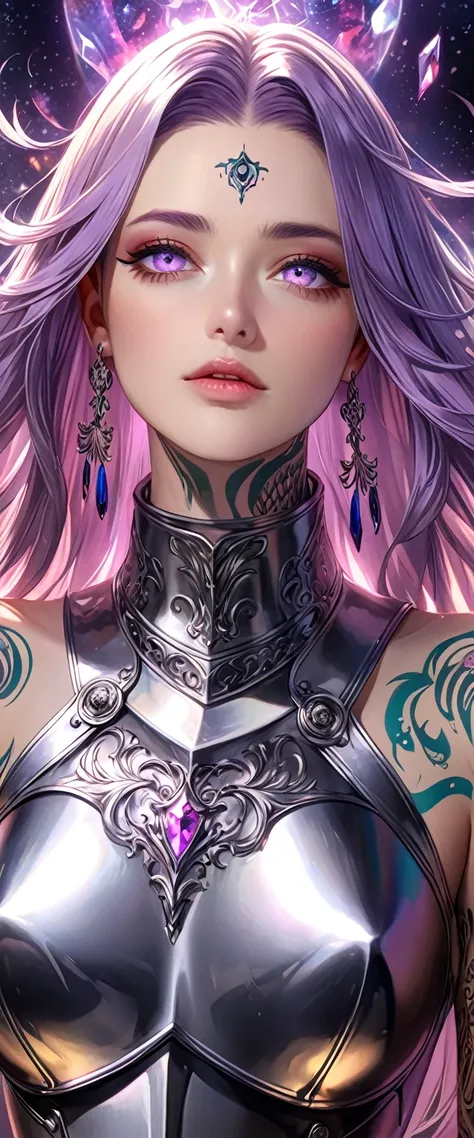 seamless image fusion, noble female knight, beautiful, sharp eyes, light purple straight hair, amorous and lewd face, cool and sadistic, make-up, wearing steel plated breastplate, long flowing skirt of layered leather, gorgeous hair necklace, choker, cover...