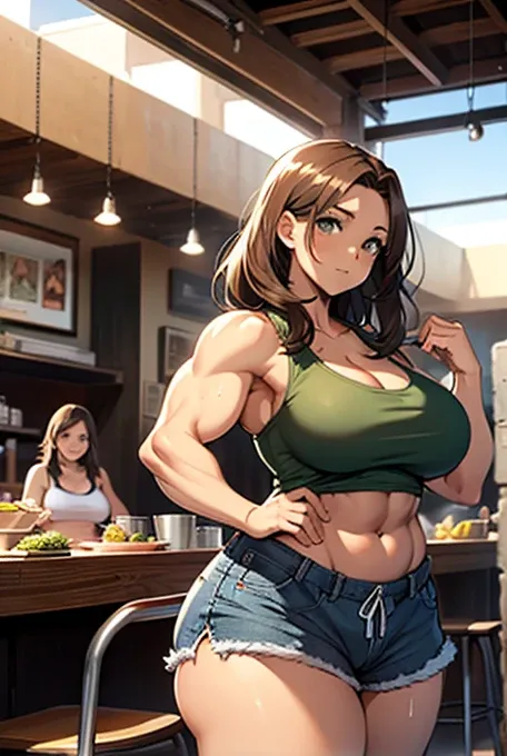 Masterpiece, 1girl, (muscular arms), defined arms, dark tan, light brown hair, green eyes,tank top, tactel shorts, Mexican restaurant, a girl with masculine hair and muscular arms wearing a tank top and tactile shorts, short stack, milf, Hispanic, wide hip...