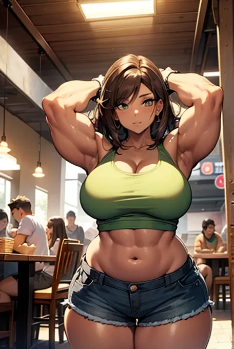 Masterpiece, 1girl, (muscular arms), defined arms, dark tan, light brown hair, green eyes,tank top, tactel shorts, Mexican restaurant, a girl with masculine hair and muscular arms wearing a tank top and tactile shorts, short stack, milf, Hispanic, wide hip...