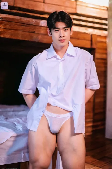 Teenager Thai Men ,1boy ,MATHAYOM UNIFORM WHITE SHIRT SHORT SLEEVES ,((very tight micro latex thong)) , big bulge , seducing pose , photorealistic , real men, good quality , high quality , high resolution , ((nsfw)) , (unbutton shirt) , gay , slutty boy , ...