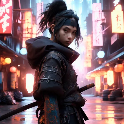 design an anime-style character named miko, styled as 'urban samurai.' miko should have a cool and determined expression, with l...