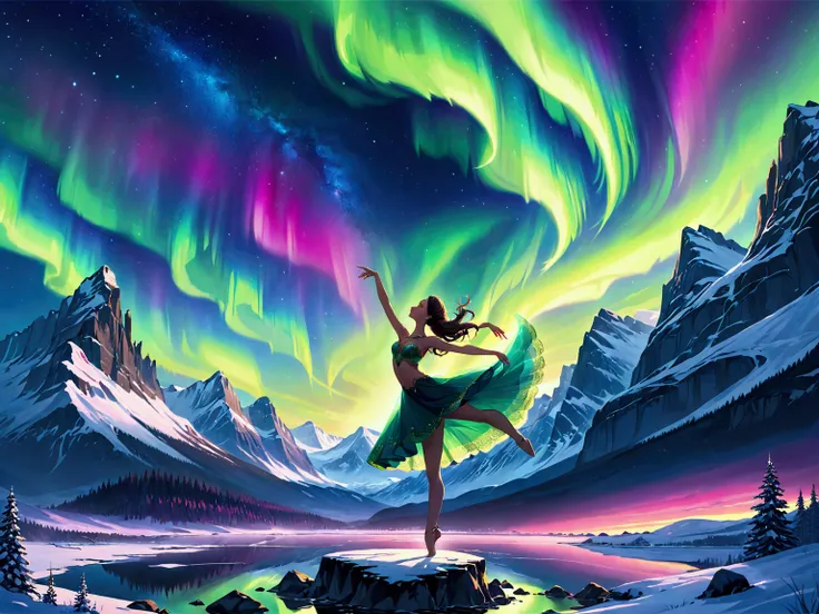 masterpiece, High resolution, Highest quality, Very detailed, wallpaper, Picturesque、Aurora、Bright Sky,Dancer,