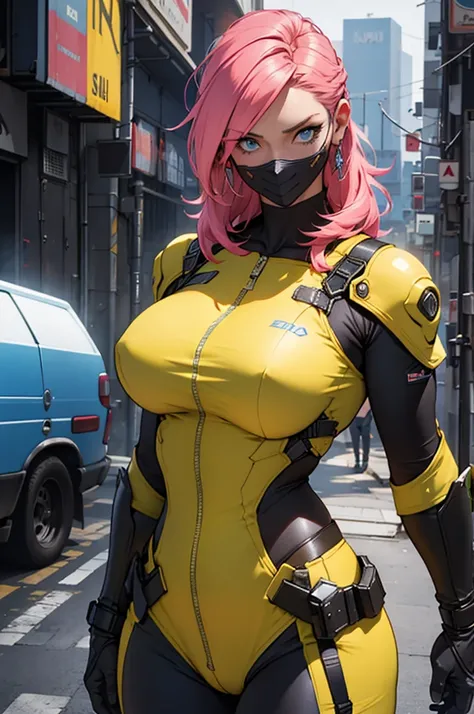 Fake body and  , Mature woman  in metal rising revengeance body details, foto de busto, big pink hair, shining blue eyes, wearing a mustard yellow jumpsuit, breasts big, 35 years old, eye on the spectator, Look to the camera, , the background is a cyberpun...