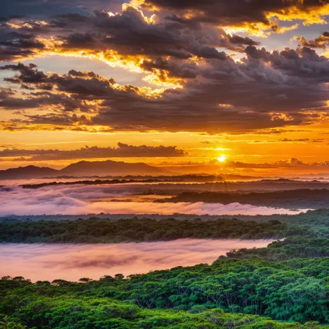 detailed sunset landscape, large waving paraguayan flag on the horizon, golden hour lighting, dramatic clouds, lush greenery, panoramic view, cinematic composition, photorealistic, award winning photograph, stunning colors, HDR, 8K, hyper detailed