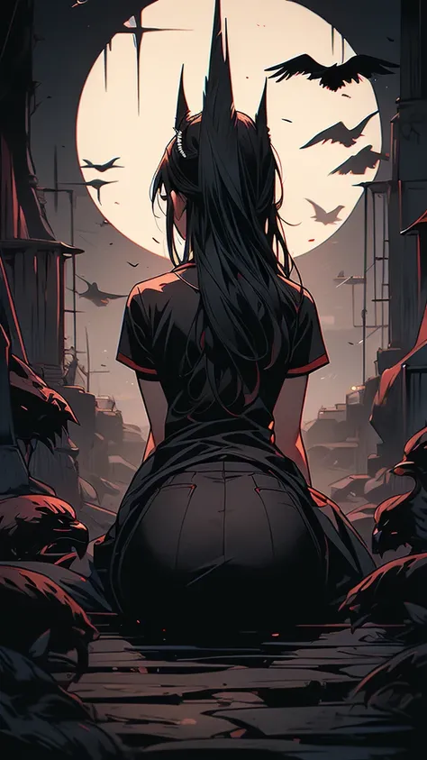 masterpiece,best quality,ultra-detailed,2girl,solo,crow,upper body,dark style,black hair,black clothes,bending over view from behind,horror theme,