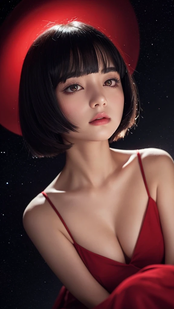 Delicate and dainty young woman with shiny bob-cut black hair . She is wearing bright red. The background is a fantastic and ethereal night sky that seems to be haunted by a specter. Her expression is stern and atmospheric. Angle from directly below. 