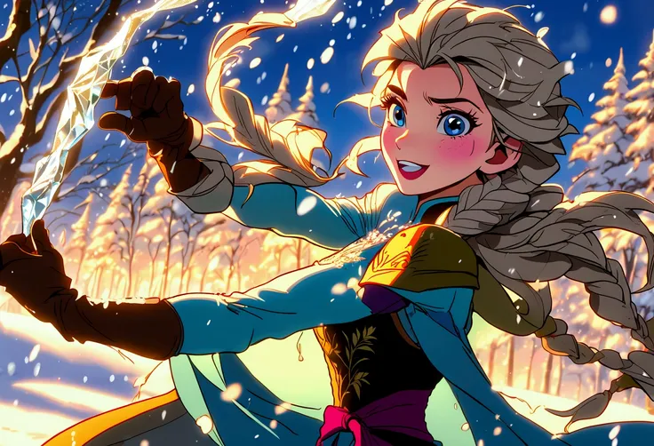 Elsa from Disney Frozen. Body shot, dynamic pose, Hyper detailed manga anime cel Art 80s, by hasui kawase, Moebius, epic scenes, action scenes, emotional scenes, inspired by yoshitaka amano and Takato Yamamoto, vivid and vibrant, anti