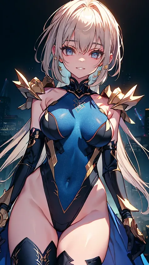 (whole body),Explain the whole,Browsing Caution,最high quality,High resolution, Very detailed,Game CG,Dutch Angle,Detailed and beautiful eyes,beautiful girl,Chest Focus,(Captivating smile), (Spread your legs), (Lift your legs), leotard，armor, Armor dress, B...