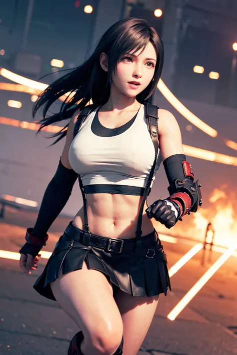 8k,​masterpiece, bset quality,huge tit、（1girl in、tifa lockhart、red_eyes、black hair、long hair、Flapping hair， Adult beauty、shinny skin、Shiny big)、 ((top-quality))、 Crisp focus:1.2、Highly detailed facial and skin texture、A detailed eye、face perfect、perfect bo...