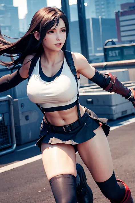 8k,​masterpiece, bset quality,huge tit、（1girl in、tifa lockhart、red_eyes、black hair、long hair、Flapping hair， Adult beauty、shinny skin、Shiny big)、 ((top-quality))、 Crisp focus:1.2、Highly detailed facial and skin texture、A detailed eye、face perfect、perfect bo...