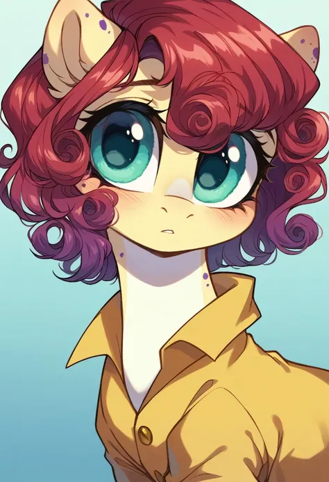 score_9, Rating_Safe, wild earth pony, golden coat mare with purple spots, short curly metalic red mane, aqua marine eyes, feminine features, cute shy pony face, Portrait, details intricate, smooth gradient shading