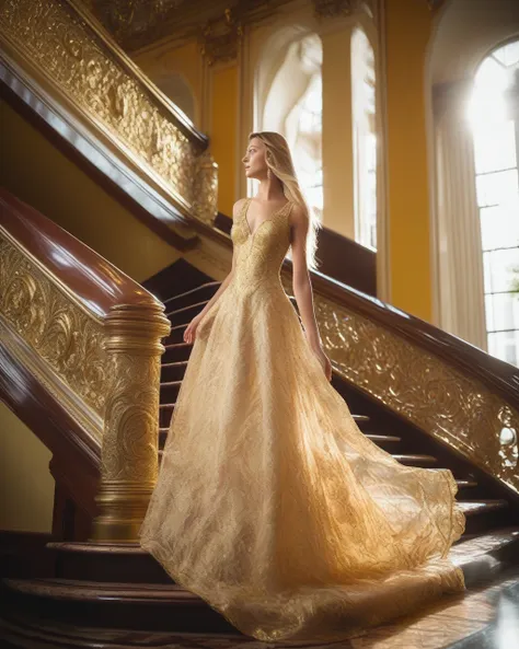 28 year old woman and long dress with gold embroidery at the top of a luxurious staircase