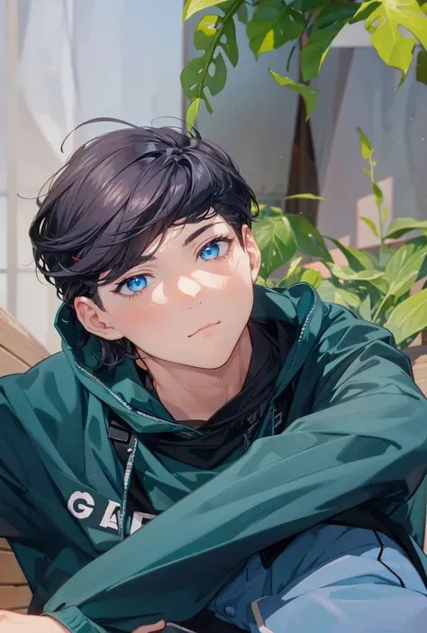 Anime boy with glowing blue eyes and with black hair. Close up