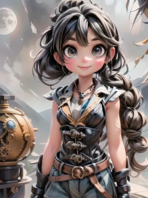 a warrior girl smiling, steampunk style, at night, moon at background