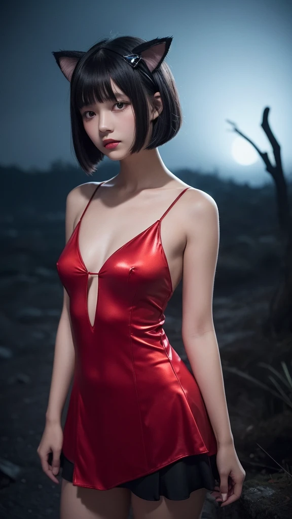 Delicate and dainty young woman with shiny bob-cut black hair and cat ears. She is wearing red fitt bodywear with mini-skirt. The background is a fantastic and ethereal night sky that seems to be haunted by a specter. Her expression is stern and atmospheri...