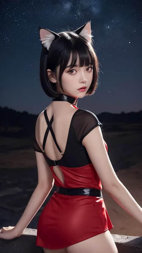 Delicate and dainty young woman with shiny bob-cut black hair and cat ears. She is wearing red fitt bodywear with mini-skirt. The background is a fantastic and ethereal night sky that seems to be haunted by a specter. Her expression is stern and atmospheri...