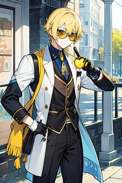 man, short blonde hair, yellow eyes, Sunglasses, blue scarf, white vest, black shirt, black gloves 