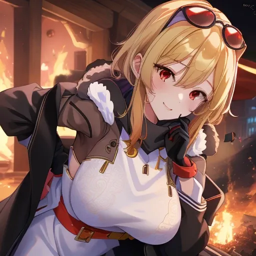 ((best quality)), absurdres, ((ultra high res)), kaela kovalskia, a woman in white dress and black coat, red eyes, blonde hair, gloves, extremely detailed, 8k, masterpiece, create a logo name "Anime Kawaii ID" with background blacksmith.