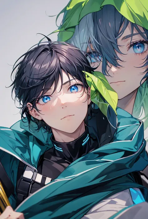 Anime boy with glowing blue eyes and with black hair. Close up