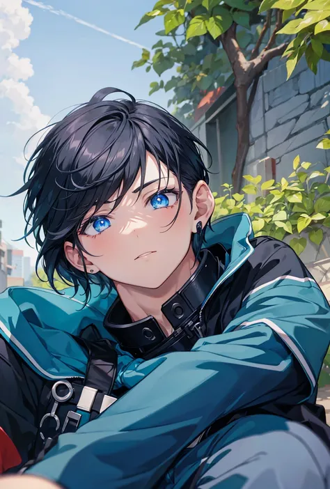 Anime boy with glowing blue eyes and with black hair. Close up