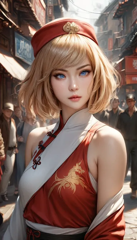 animetoreal,soft light, masterpiece, best quality,high quality,delicate face, realistic,photorealistic,1girl,,blue_mary(fatal_fury), snk, the_king_of_fighters, 1girl, bare_shoulders, blonde_hair, blue_eyes,  short_hair, bob_cut,,hat, Chinese clothing,,in s...