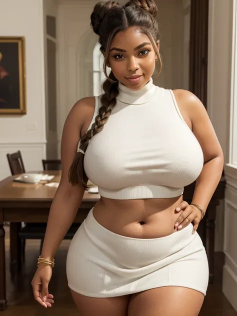 Beautiful sensual and erotic woman with curvy body, cheveux longs et noirs, frange, (double bun), ((big curvy body,)), Taille la plus large, thick, beaux seins bien ajustés, Curved Accented Loot, detailed sparkling olive green eyes, les yeux sont vert oliv...