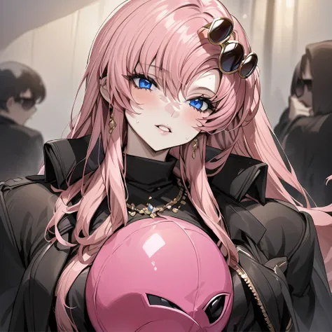 ((Highest quality)), ((masterpiece)), (detailed), （Perfect Face）、The woman is Lacus Clyne, a villainous mafia girl with blue eyes and medium-long pink hair, wearing black clothes, sunglasses, and luxurious accessories.、She is being held close by the mafia ...