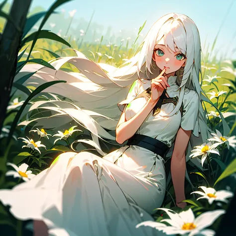 (masterpiece, Best quality),1 girl with long white hair sits in a field of green plants and flowers, her hand under her chin, warm lighting, White dress, blurred foreground