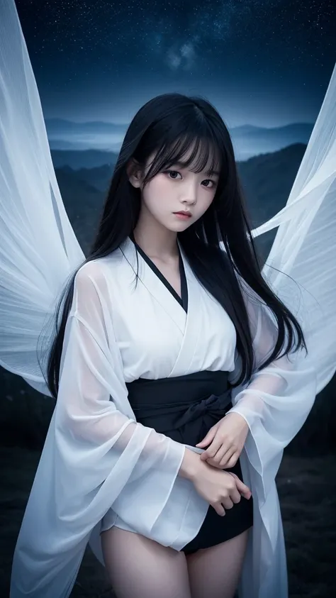 Delicate and dainty young woman with long glossy black hair. She is wearing a white short thigh-baring kimono. The background is a fantastic and ethereal night sky as if possessed by a specter. Her expression is stern and atmospheric. 10 years old.