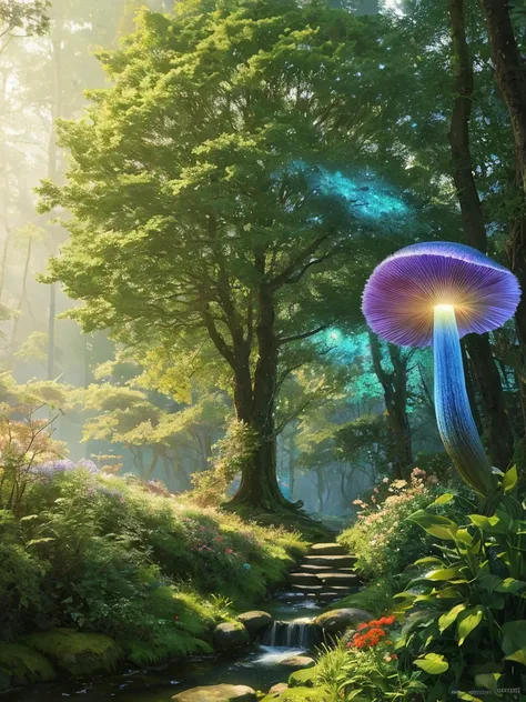 masterpiece, best quality, high quality,extremely detailed CG unity 8k wallpaper, An enchanting and dreamy scene of a fantasy forest, with towering trees, glowing mushrooms, and hidden fairy glens, creating a sense of mystique and enchantment, artstation, ...