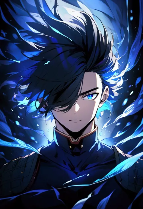  black hair boy with blue color reflection, blue eyes, Boku no hero style , hair covering one eye, 