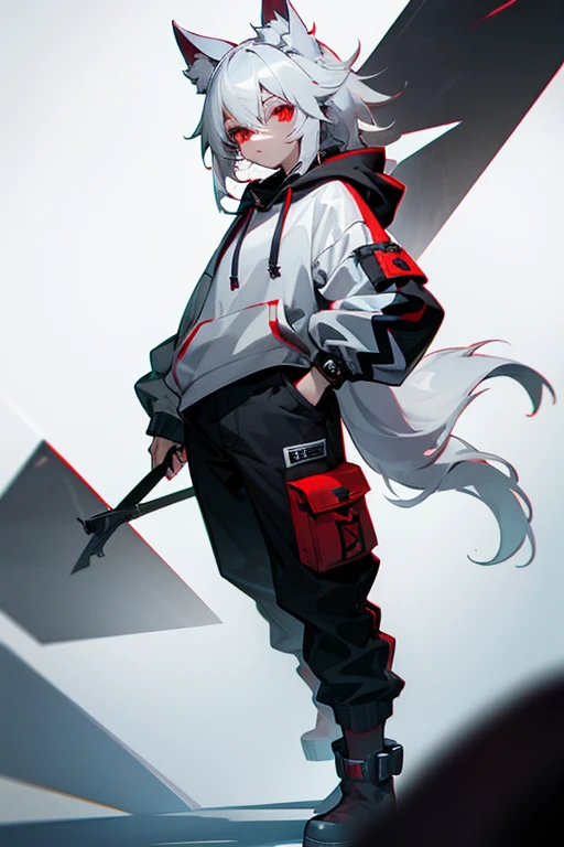 Silver-white hair, red eyes, darker left eye, wolf ears and tail, hoodie and pants, ear cuffs, platform boots