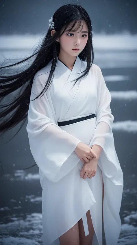 Delicate and dainty young woman with long glossy black hair. She is wearing a white only short thigh-baring kimono. The background is a fantastic and ethereal night sky with a heavy snowstorm in the snow. Her expression is stern and atmospheric. 10 years o...