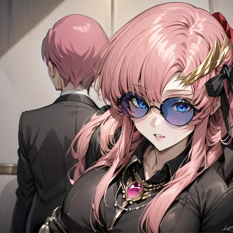 ((Highest quality)), ((masterpiece)), (detailed), （Perfect Face）、The woman is Lacus Clyne, a villainous mafia girl with blue eyes and medium-long pink hair, wearing black clothes, sunglasses, and luxurious accessories.、She is being held close by the mafia ...