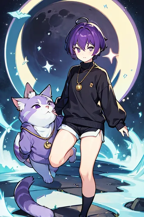 man, gay, short hair bank, purple cat sweater, moon necklace, shorts negros 