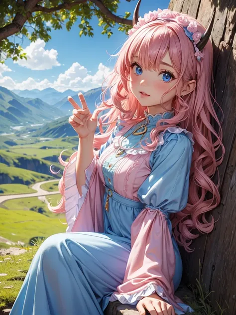 Young woman, pink, curly hair, small horns, Blue eyes, blue middle dress with sleeves, in the mountains, pit weather, modest pose